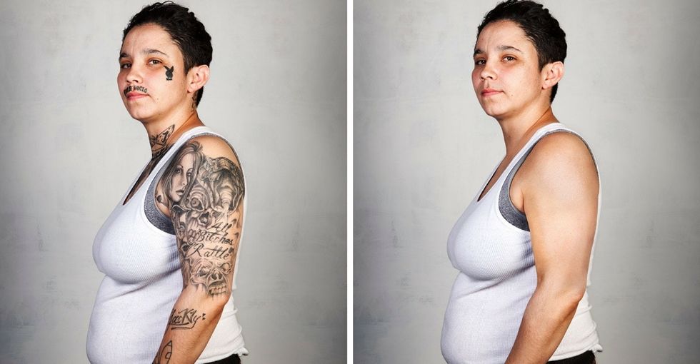 9 former gang members see photos of themselves without tattoos for the first time.