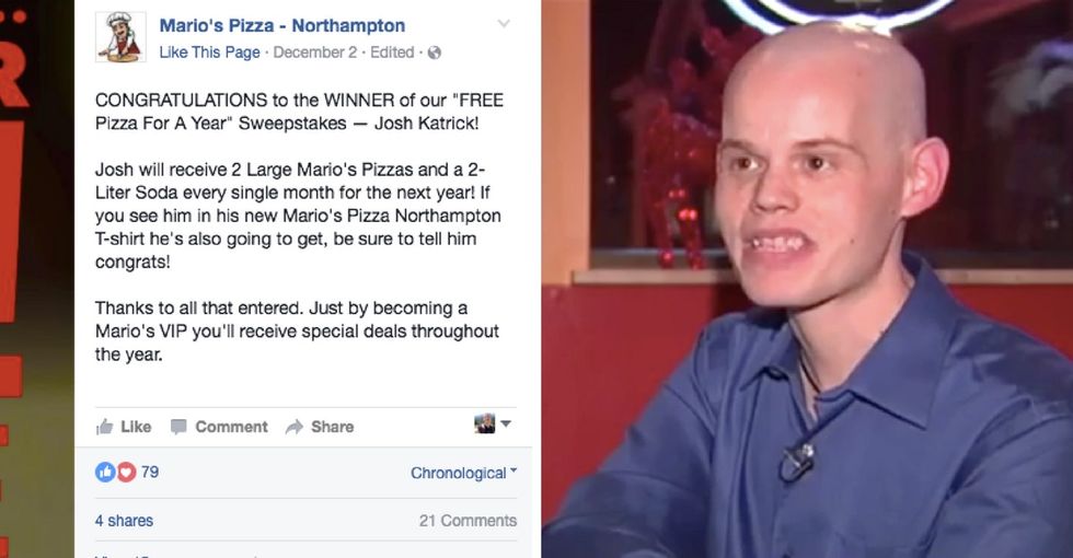 A man battling cancer gave away his free pizza prize — and got more pizza in return.