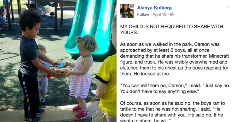 A viral post has sparked a debate among parents on the importance of sharing.