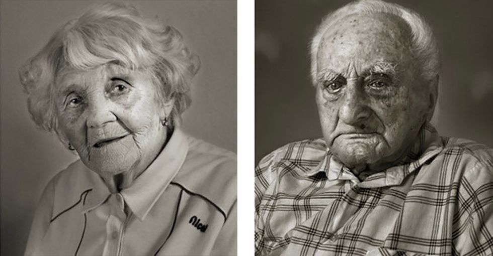 13 side-by-side portraits of people over 100 with their younger selves