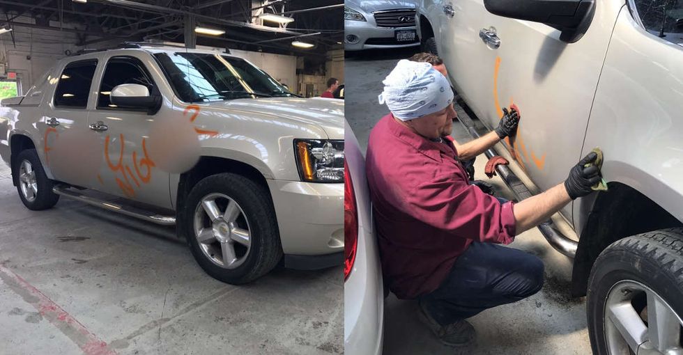 A Buffalo body shop knew just what to do when a truck covered in racist slurs pulled in.