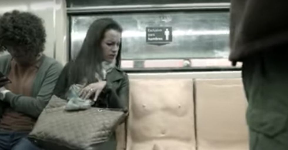 An anatomically correct seat was installed to make a point about sexual harassment.