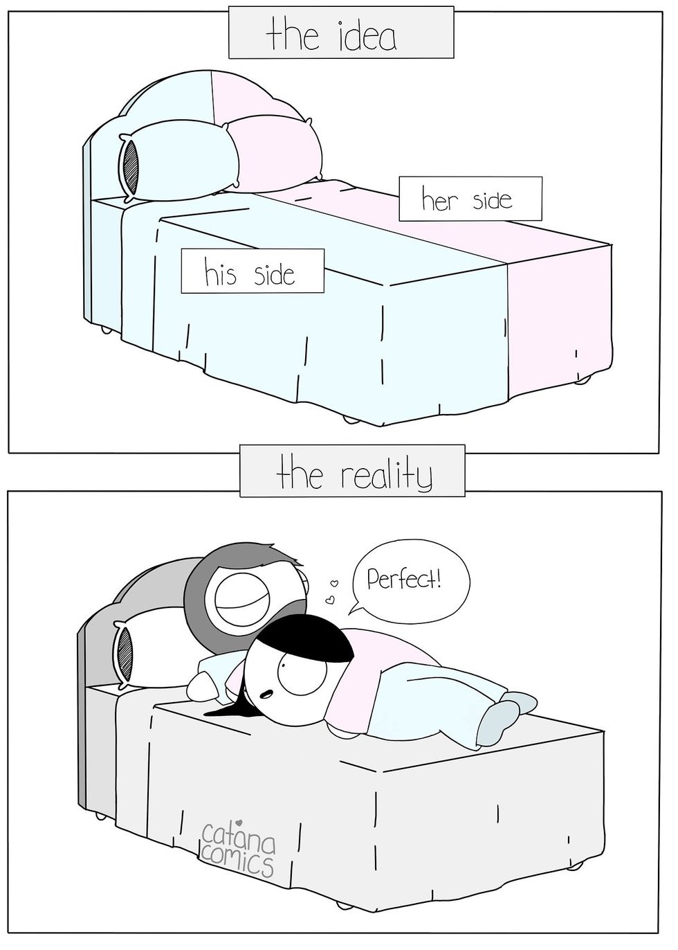 comic of a couple negotiating sides of the bed