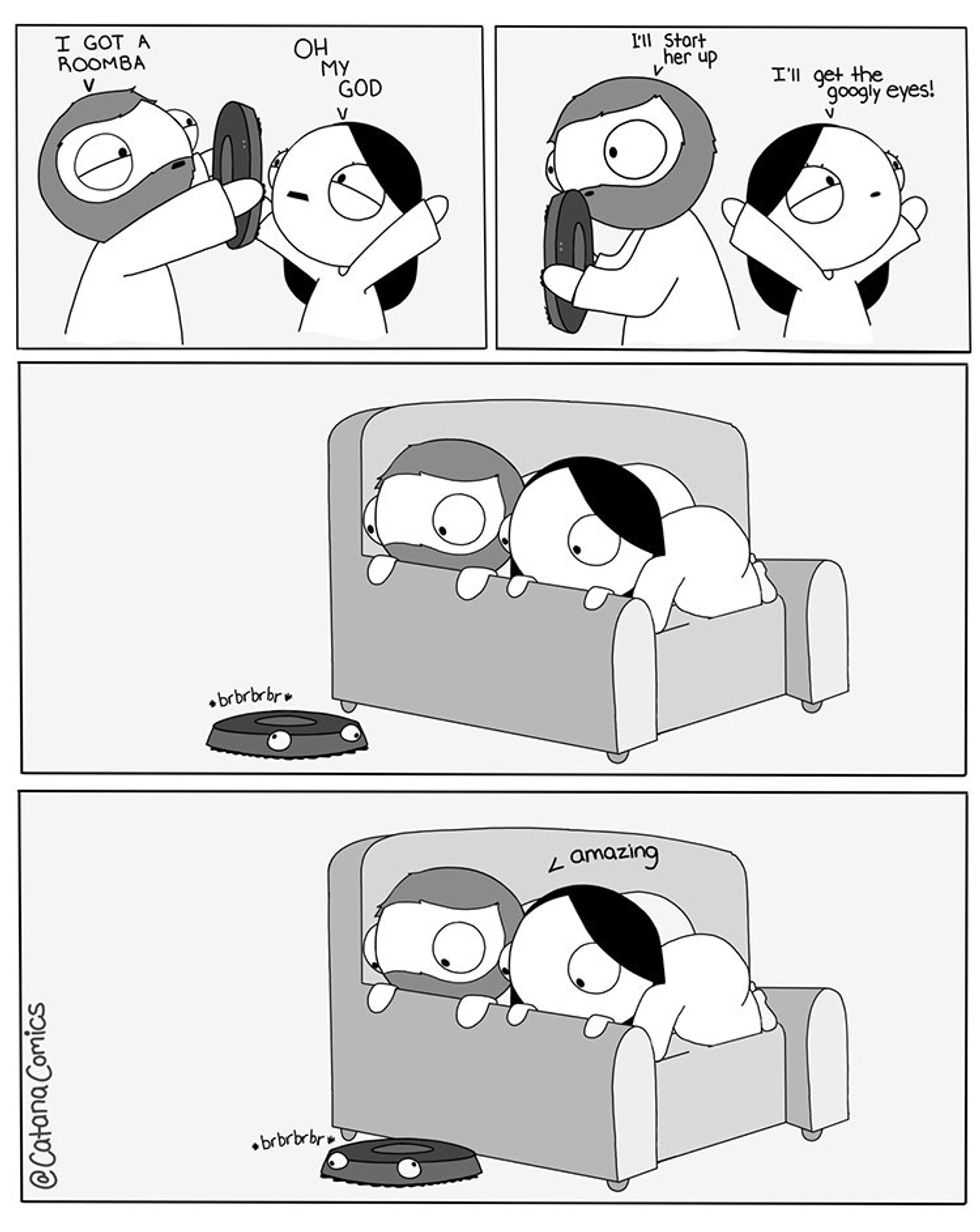 comic of couple playing with a roomba