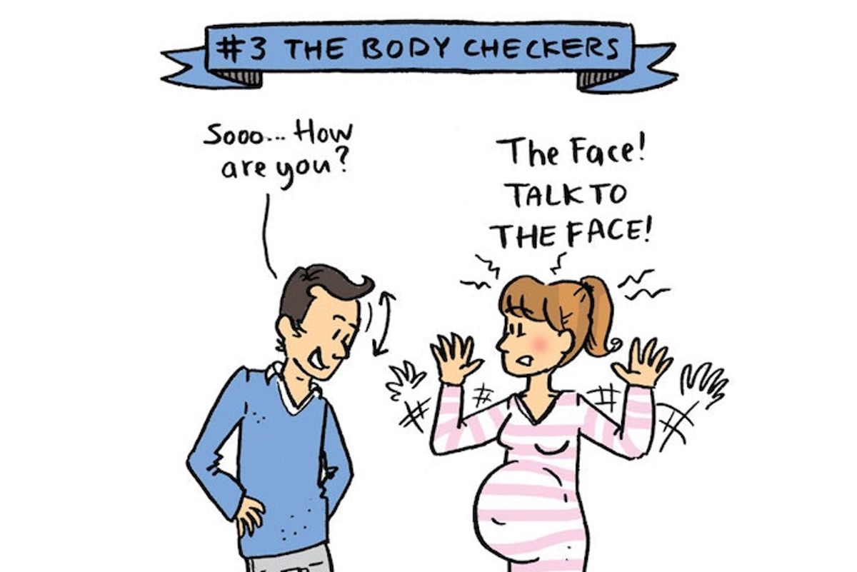 Comic of man speaking to pregnant woman's belly