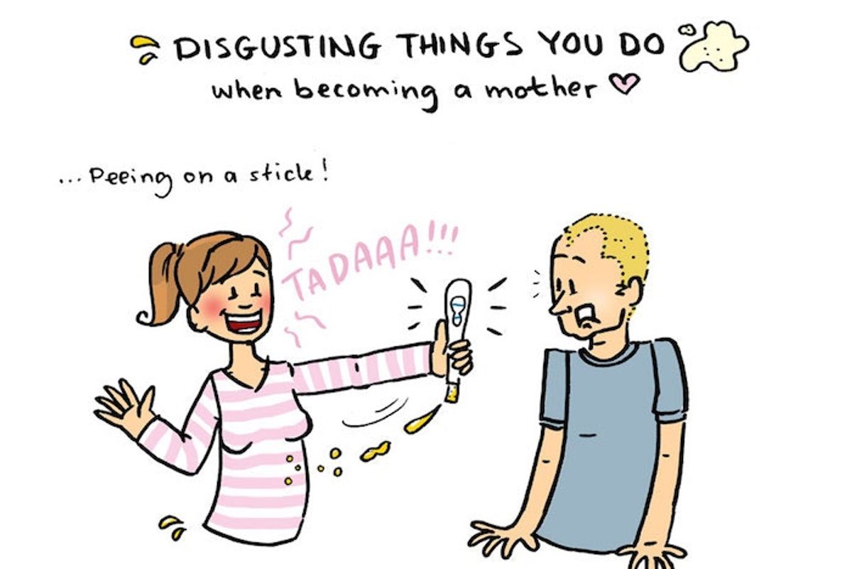 Comic of a woman holding a pregnancy test