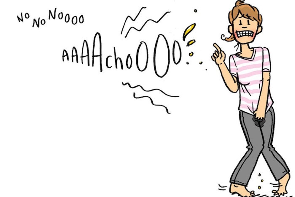 Comic of a woman sneezing and wetting herself