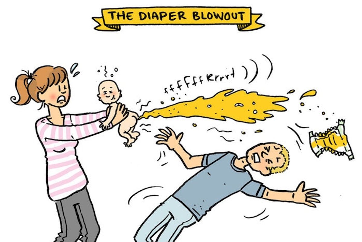 Comic of a woman holding a pooping baby