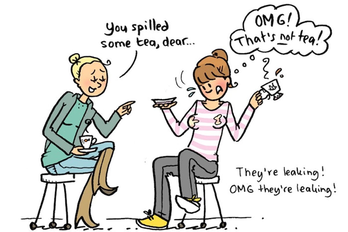 Comic of two women having tea while one lactates