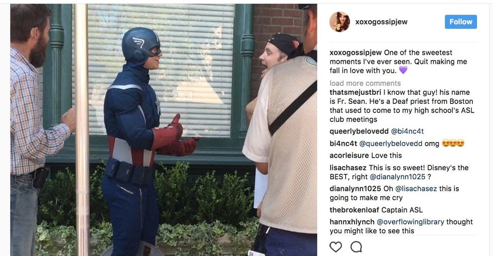 Watch this Disneyland visitor's joy when Captain America joins him in sign language.