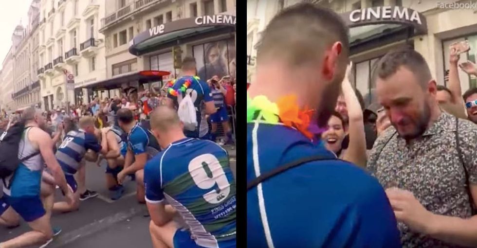 A rugby player wanted to propose to his boyfriend, so he got the whole team in on it.