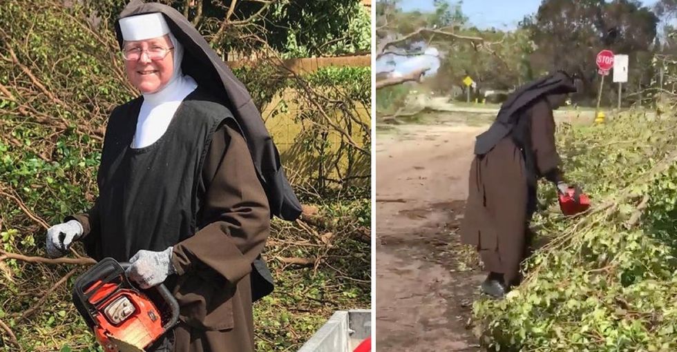 A nun is going viral for her mad chainsaw skills during hurricane cleanup in Florida.