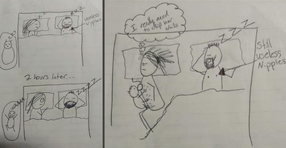 This viral cartoon about a dad's 'useless nipples' has struck a chord with nursing moms.