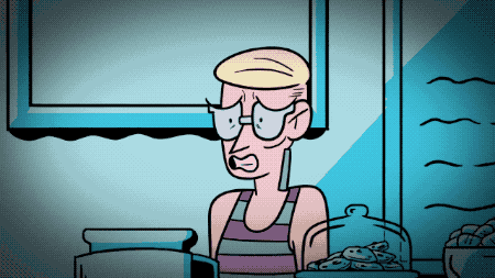 illustration of a white barista looking uncomfortable in front of a customer