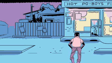 illustration of man walking up to a storefront that says "Hot Po-Boys"
