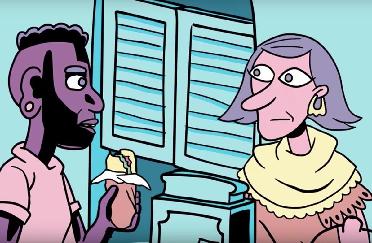 comic of a Black man holding a sandwich speaking to a white woman