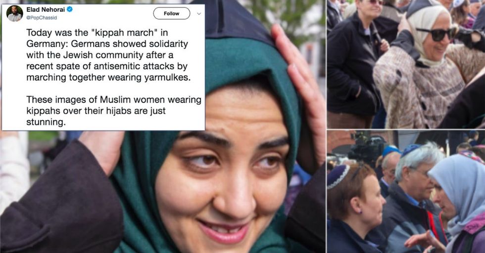 Muslim women marched in yarmulkes as part of a spectacular display of unity.