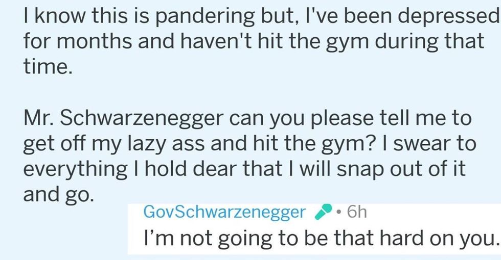 Arnold Schwarzenegger's caring response to a depressed fan is a beautiful thing to read.