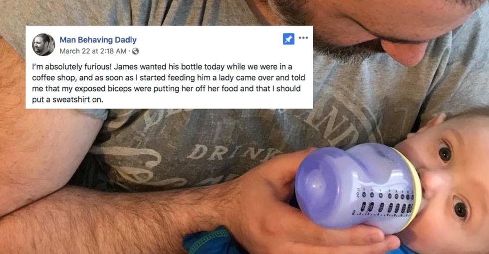 People are loving this hilarious viral post about a dad bottle-feeding his baby in public.