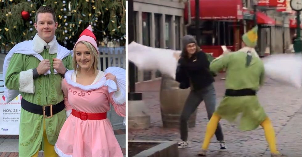 'Buddy the Elf' is challenging Bostonians to street pillow fights, and it's sheer delight.