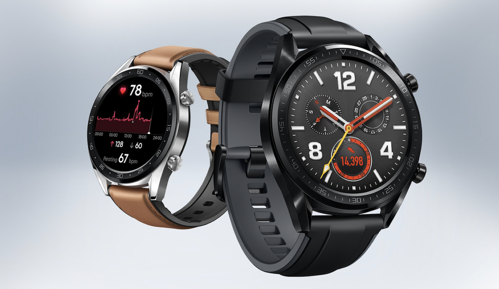 The Huawei Watch GT, pictured here, has a two-week battery life, great for long adventures