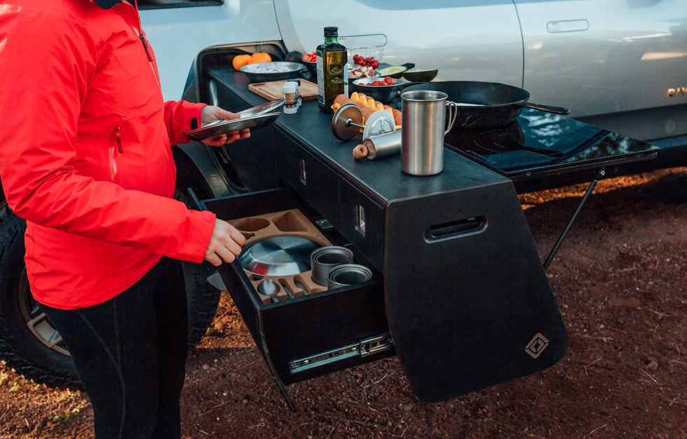 Photo of slide-out kitchen on Rivian R1T electric truck