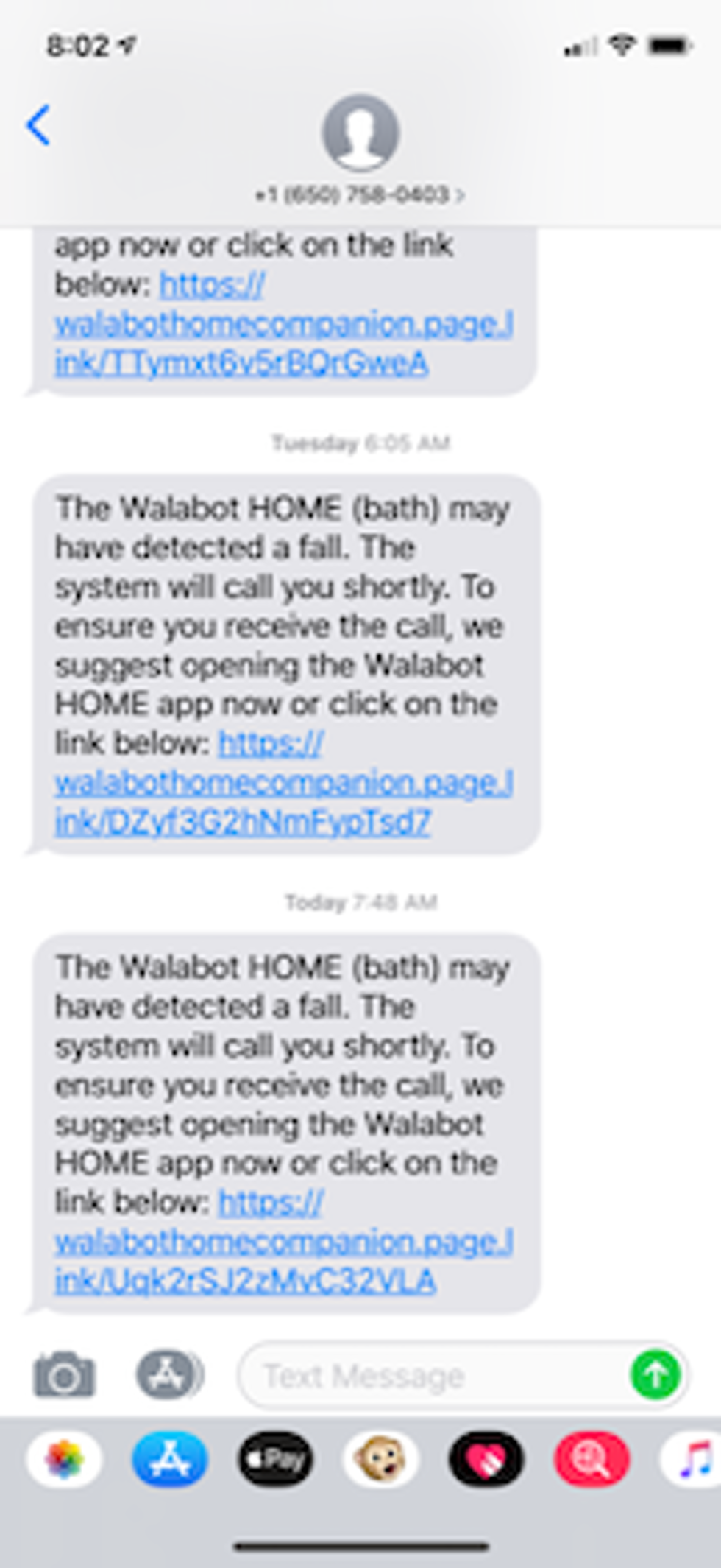 A text message sent telling a friend or family member that a fall has been detected by the Walabot Home