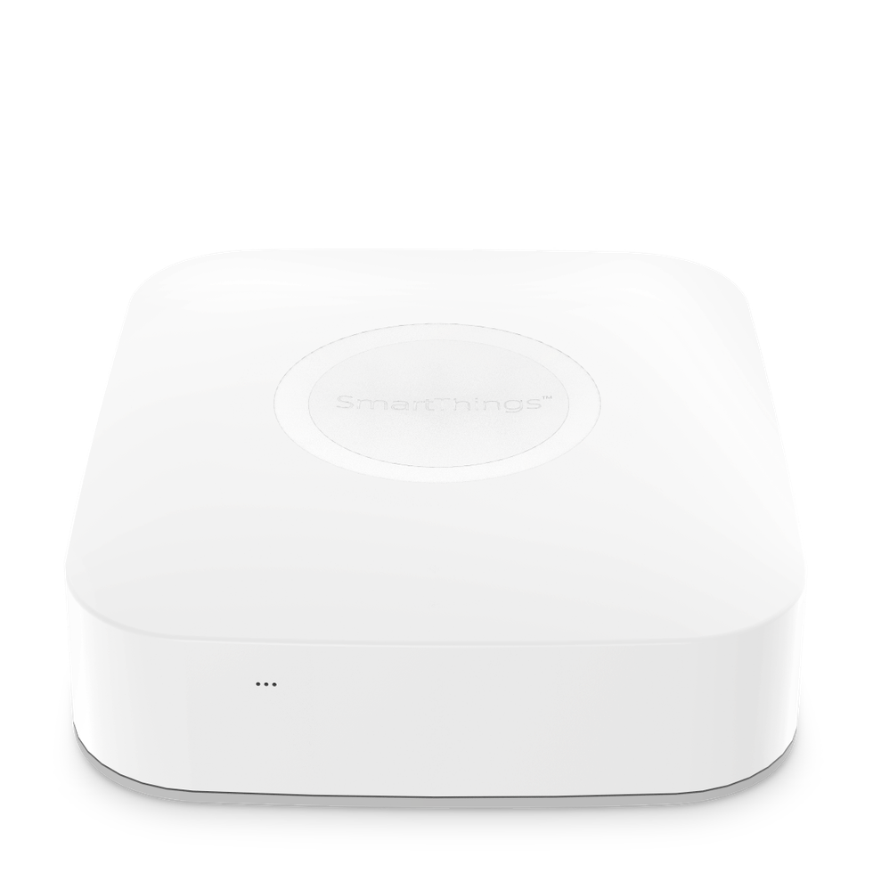 A.I. Home Solutions works with a number of IoT devices, including the Samsung SmartThings Hub, pictured here,, to build a custom smart home solution