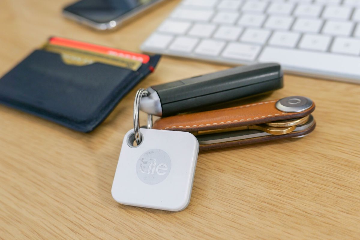 Photo of Tile Bluetooth tracker attached to keys