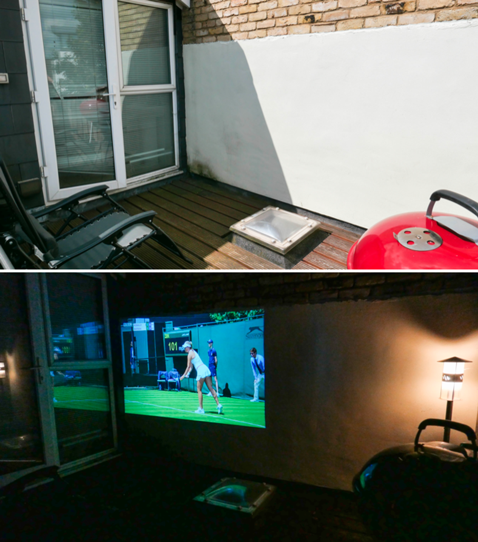Photos of a DIY outdoor cinema at day and night