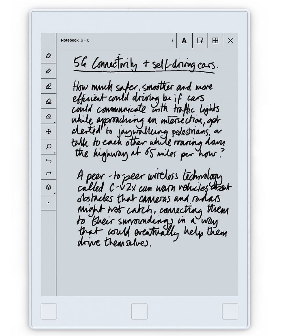 A white tablet from reMarkable with handwriting on its screen that can be turned into text