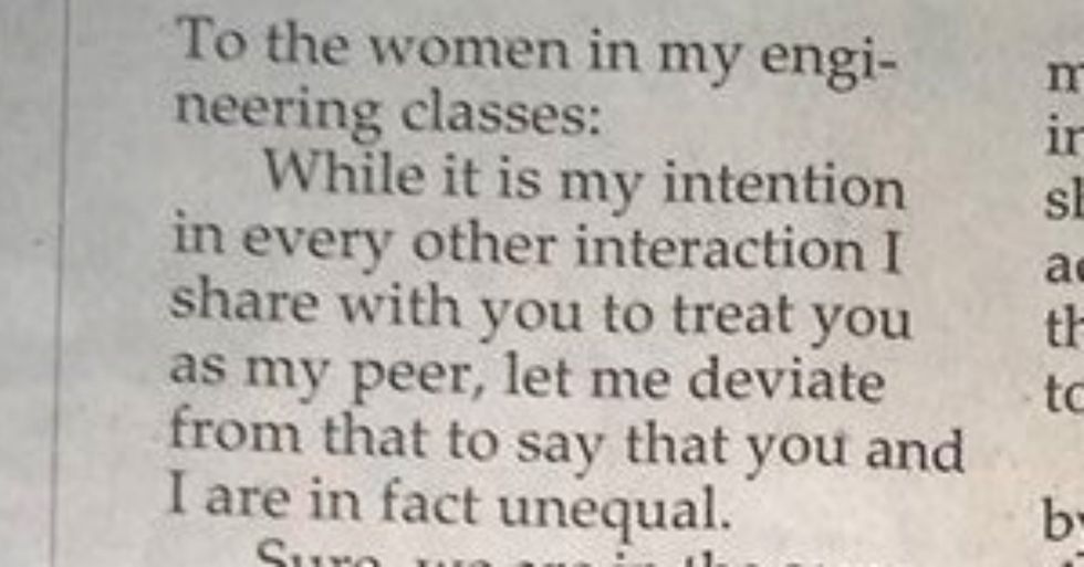 Male engineering student pens letter explaining why female classmates aren’t his equals.