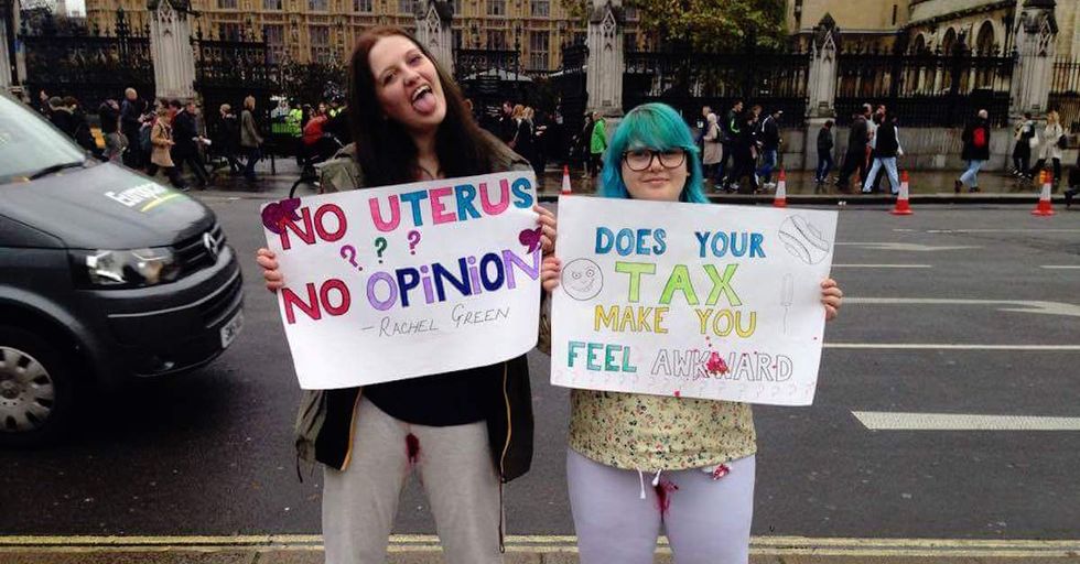 Protesters Free-Bleed Outside British Parliament to Protest Tampon Tax