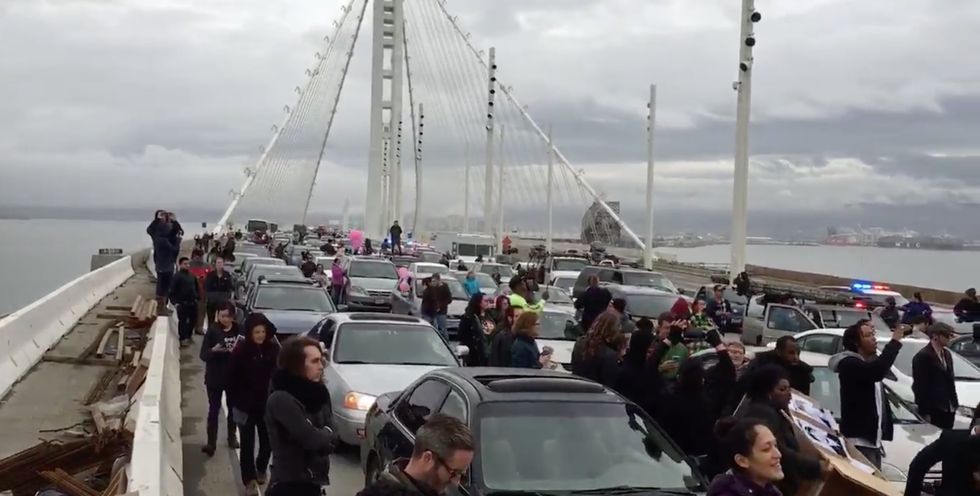 Black Lives Matter Protesters Block a San Francisco Bridge in MLK Day Protests