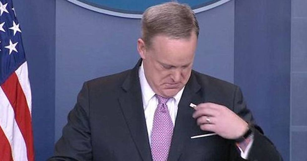 Press Secretary Sean Spicer’s Upside Down Flag Pin Seems Oddly Appropriate