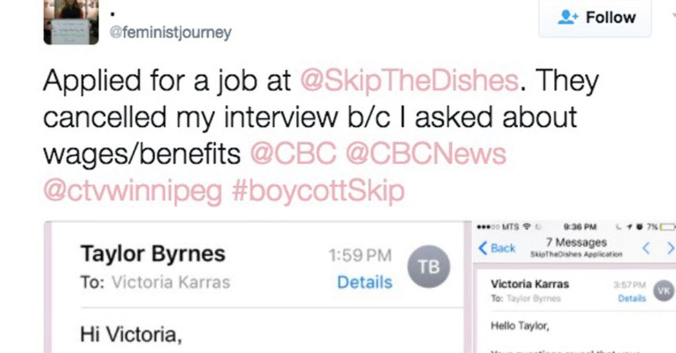 A company canceled a woman’s job interview after she inquired about pay and benefits