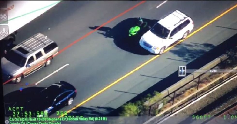 Police Chopper Films A Motorcyclist Smashing Car Mirrors, Then Brings Him To Justice