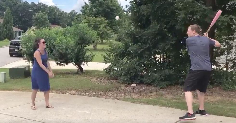 Overly Patient Husband Doesn't Swing At Wife's Pitch, Ruining Gender Reveal Event