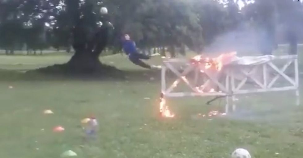 Team’s ‘Practice’ For Soccer Goalies Involves Flaming Obstacles, Mud, And Jumping Out Of Trains
