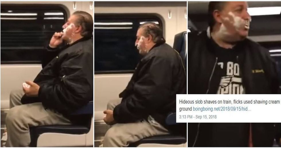 Homeless man speaks out after being mocked for shaving on a train.