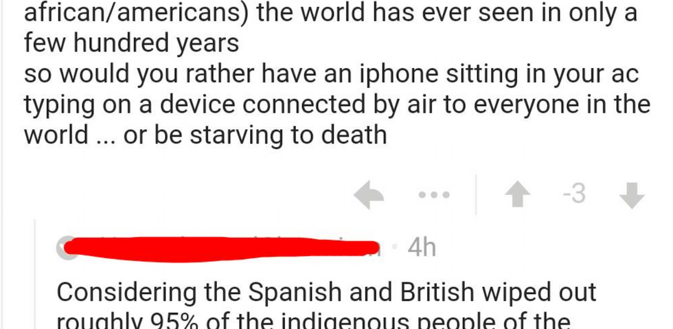 Guy gets schooled after saying Native Americans should be thankful that Europeans took over.
