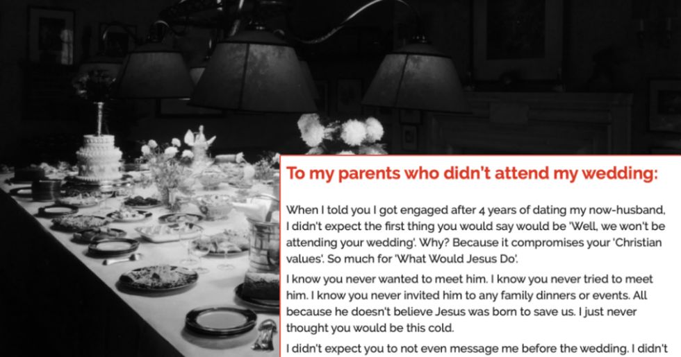 Woman pens emotional note to parents who refused to attend her wedding.