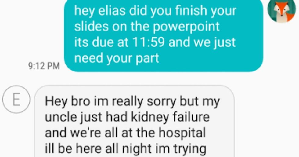 Student lies about why he can't finish his part in group project, gets gloriously busted.