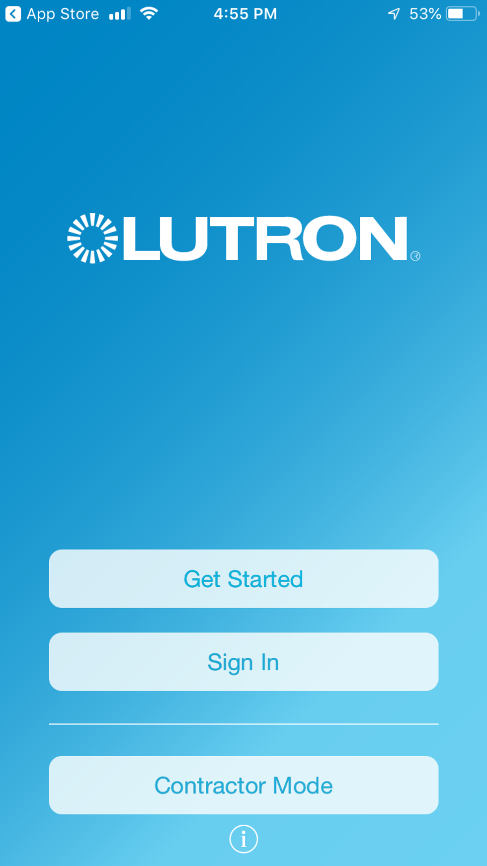 Photo of Lutron mobile app welcome screen