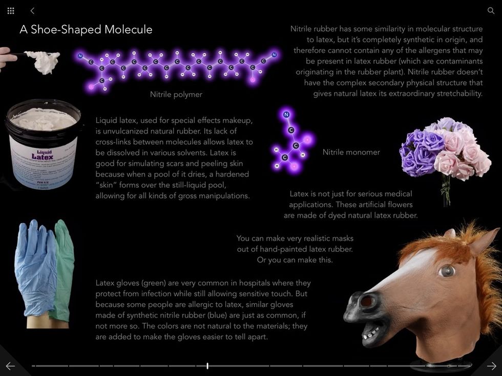 A screenshot of the app Molecules of Theodore Gray on the page explaining a shoe-shaped molecule
