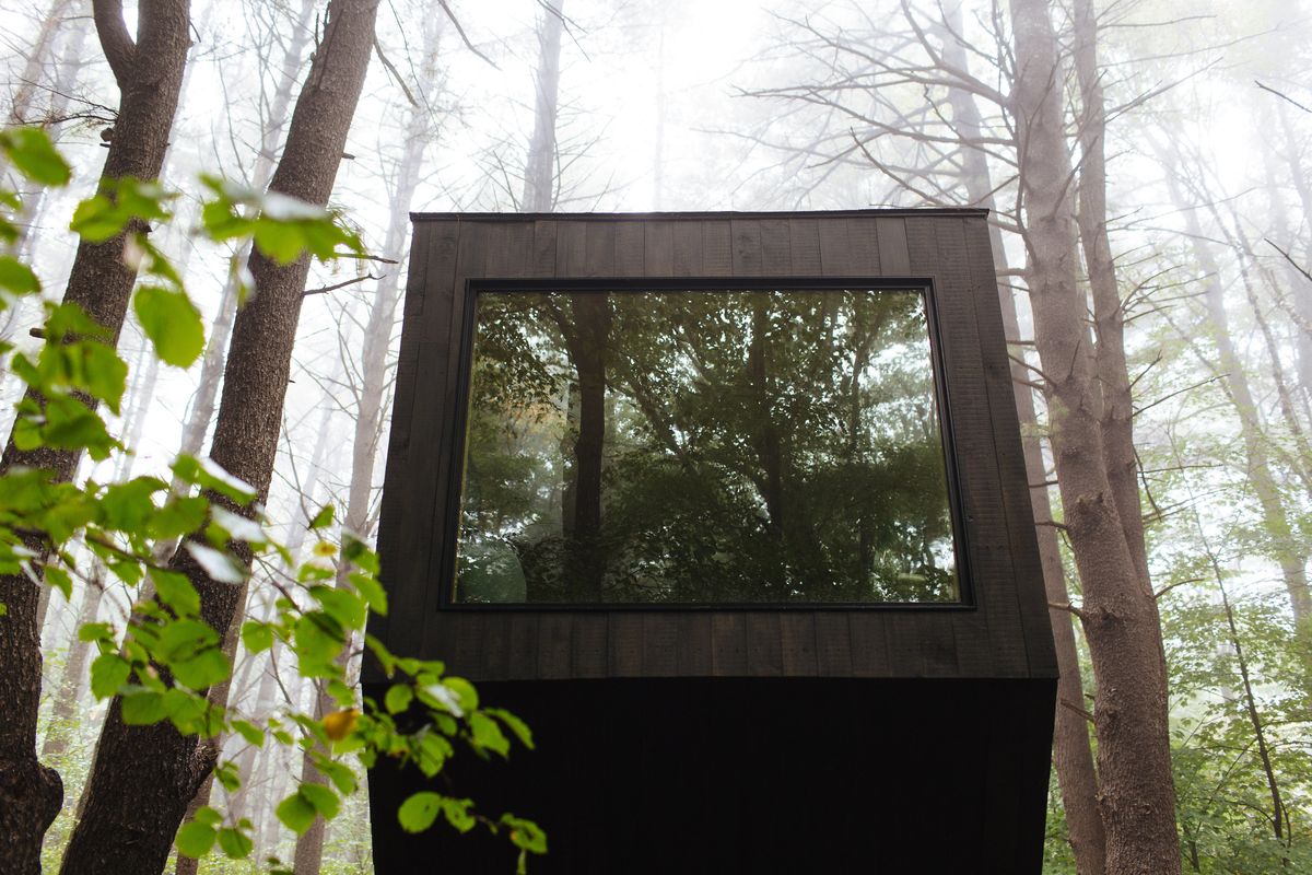 A beautiful brown cabin with a window in the woods