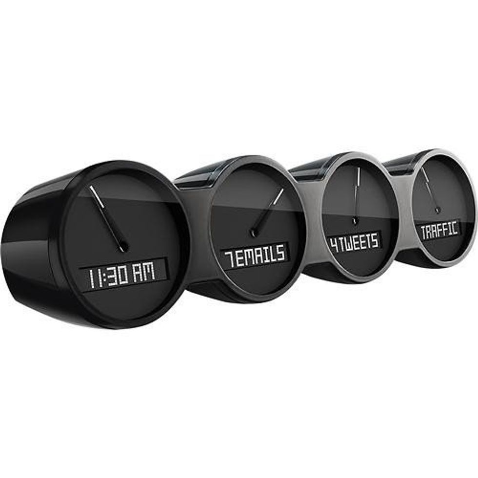 Four rounded headlight-shaped objects attached together in black with words digitally in front including the time, emails, tweets and traffic