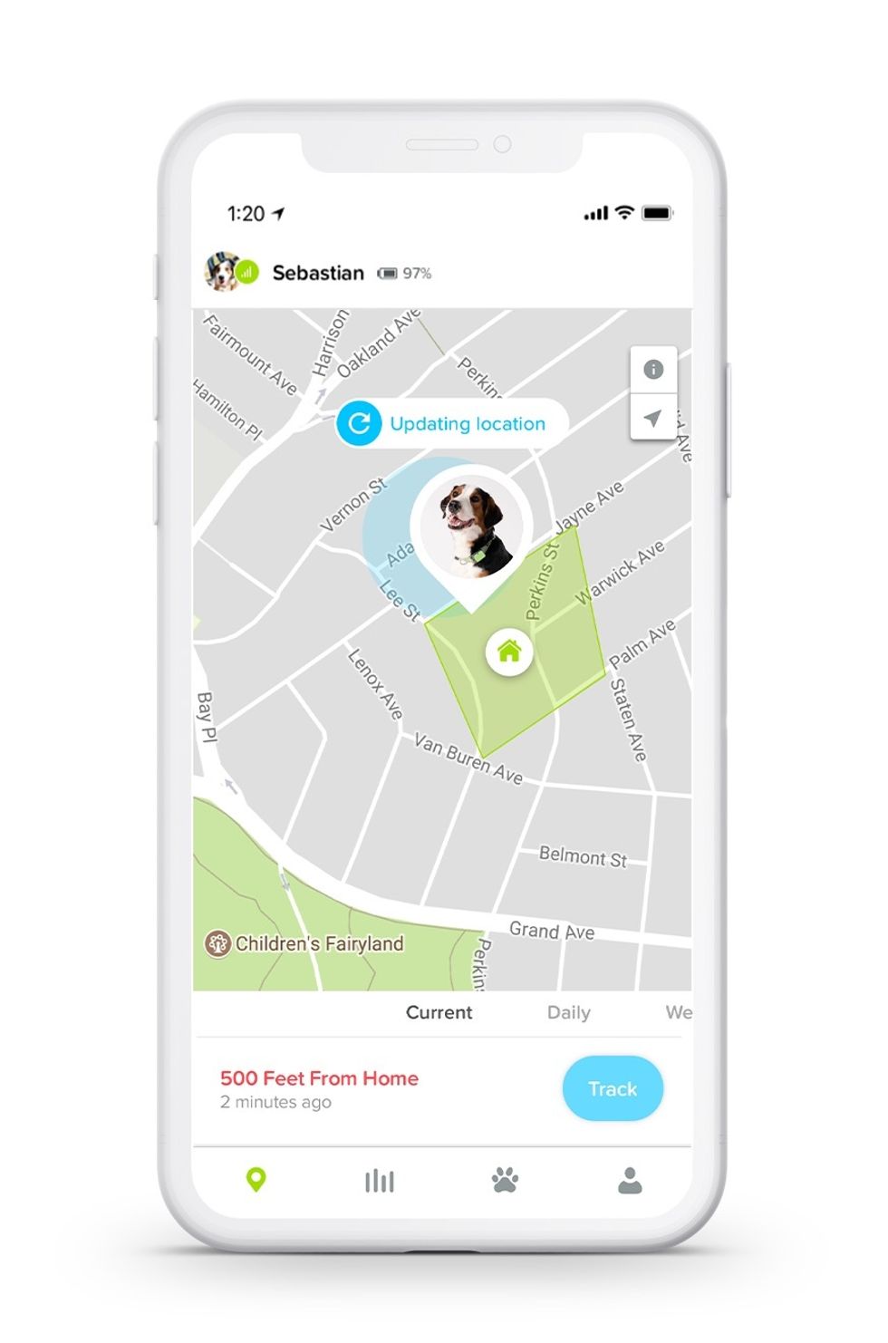 A smartphone with a picture of a dog on top of a mobile map, reading "Updating location"