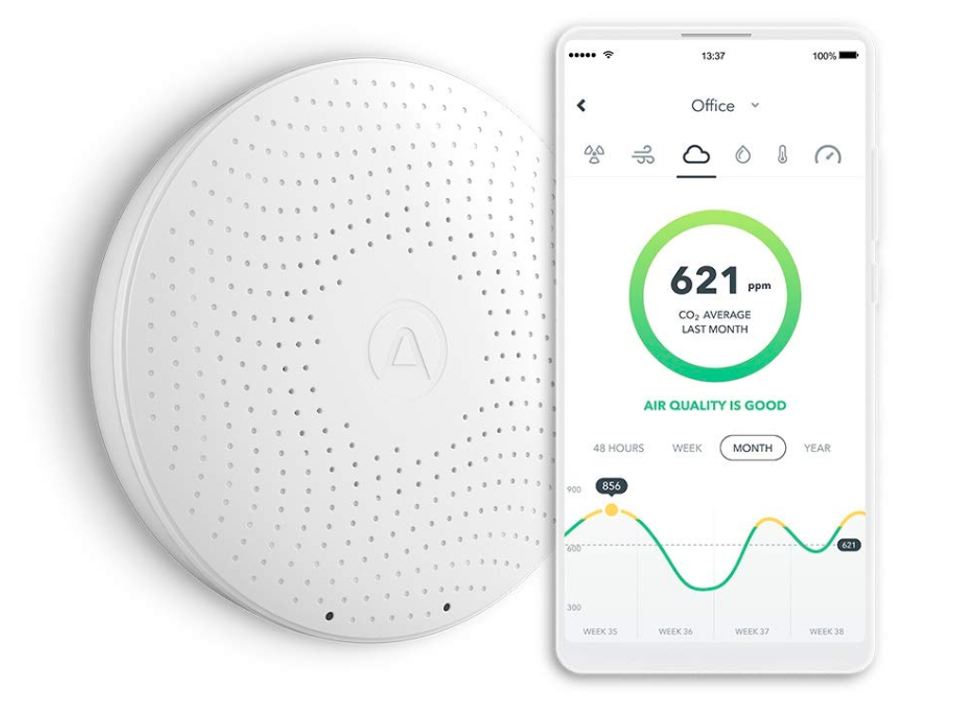 Product shot of the Airthings Wave Plus air quality monitor