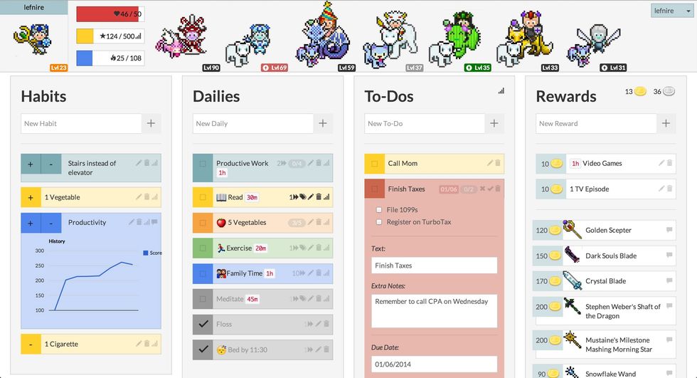 Four screens, one saying Habits, then Dallies, To-Dos and Rewards
